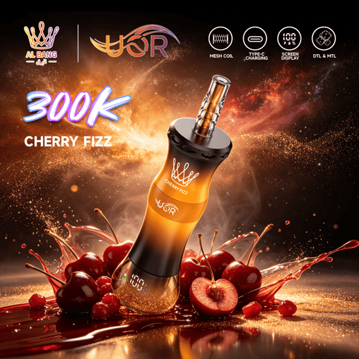 Vape device labeled Cherry Fizz with 300K, surrounded by splash of cherries and sparkly background, Al Bang VSR
