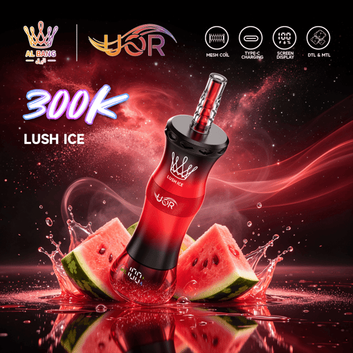 Red Lush Ice e-cigarette bottle with a 300K puff label, watermelon pieces, and vapor splash against a dark cosmic background