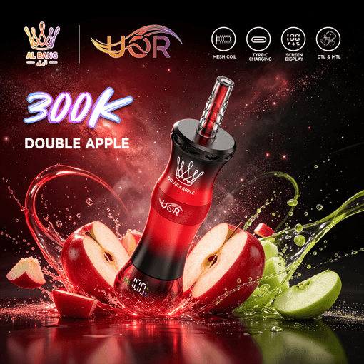 Red vape device labeled Double Apple with “300K” on a sparkling apple and lime splash background