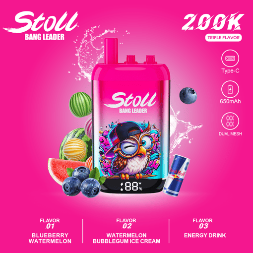 Pink Stoll Bang Leader vape pod with flavor options and icons for Triple Flavor, Type-C, 650mAh, dual mesh
