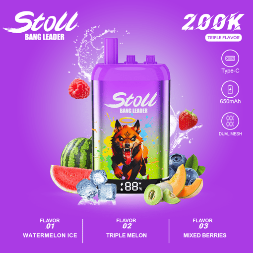 Purple “Stoll Bang Leader” vape device with flavor icons, Type-C, 650mAh, 88% and 600W text on a fruit background