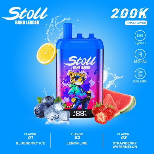 Blue “Stoll Bang Leader” vape device with splash effects, fruit flavors, and Type-C 650mAh icons on blue background