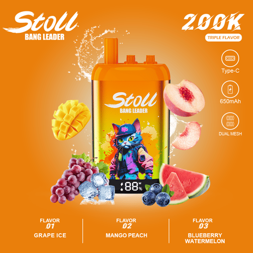 Orange Stoli Bang Leader vape device with fruit flavors graphic, 20K puff, Type-C, 650mAh, 88% and dual mesh