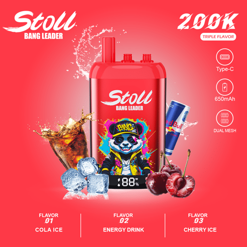 Red Stoll Bang Leader vape device with “Triple Flavor” details, 650mAh Type‑C, and cola, energy drink, cherry ice options