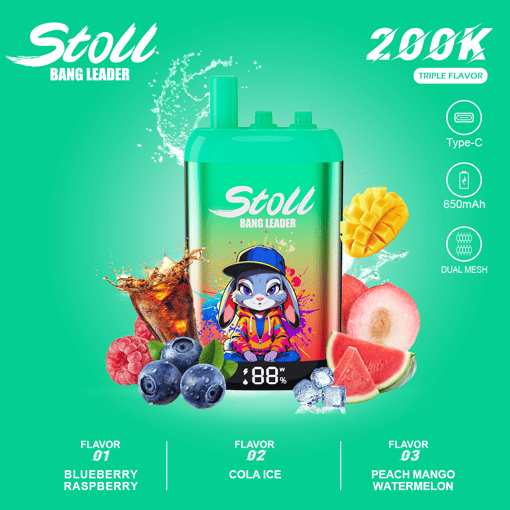 Stoli bang leader vape device ad with fruit flavors, Type-C icon, and 650mAh on a green background