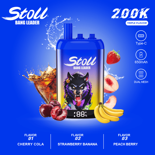 Blue vape pod labeled Stoll Bang Leader with wolf graphic, Type-C, 650mAh, dual mesh, and flavor options Cherry Cola, Strawberry Banana, Peach Berry