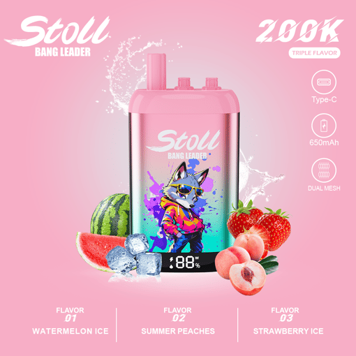 Stylish pink vaping device with splash art and labeled flavors Watermelon Ice, Summer Peaches, and Strawberry Ice