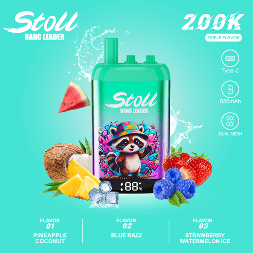 Stoll Bang Leader vape device with Triple Flavor label, Type-C 650mAh, and fruit flavors pineapple coconut, blue razz, strawberry watermelon