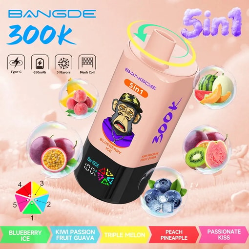 BAN GDE portable vape device with 300k 5-in-1 flavors, shown with fruit flavor bubbles like blueberry and kiwi passion guava