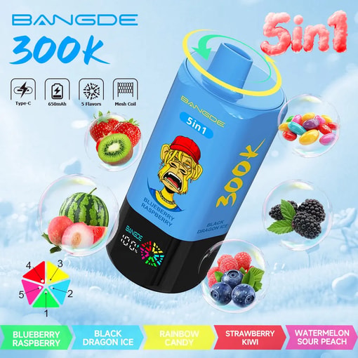 Blue BAN GDE 5-in-1 vape device with flavor icons, “300k” text, and six fruit and candy flavor labels