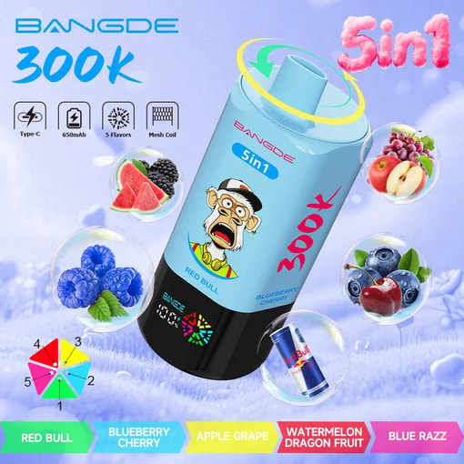 Blue vape device labeled BANQDE 5 in 1 with flavors and “300k” text, shown with fruit icons and vapor “3in1” graphic