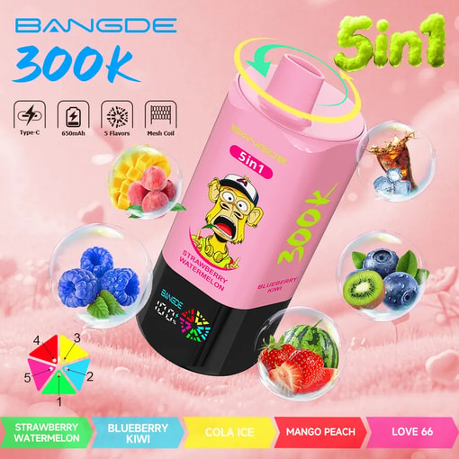 Pink BAN GDE disposable vape with “300k” and “5 in 1” flavor labels, surrounded by fruit flavor icons and highlights