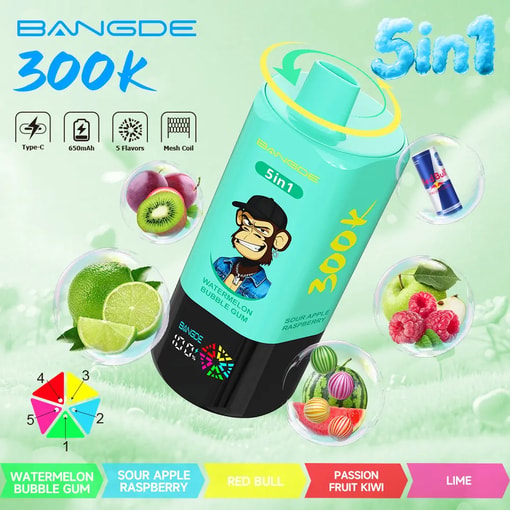 Teal BanGde 5-in-1 3000k vape device with flavors and bubble fruit icons, including watermelon gum and Red Bull