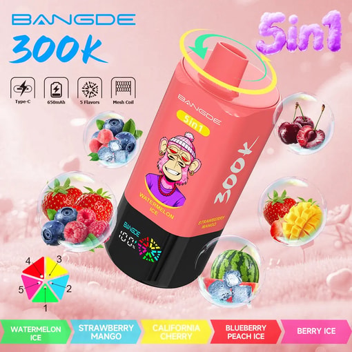 Bangde 5-in-1 300k portable flavored ice cup with fruit illustrations and 300k text, type-C 650mAh icons