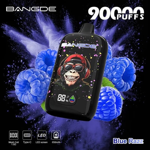 Bangde vape device with cartoon skull graphic, “90 Puffs” text, and blue Razz theme background with bubbles