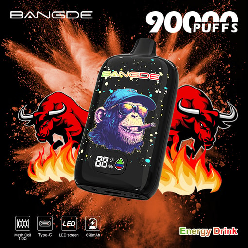 Black vape device with blue-eyed skull graphic, fiery bull emblems, and “90 Puffs” text on energy drink background