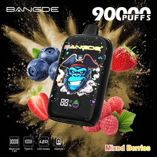 Black vape device with a cartoon pirate face, surrounded by mixed berries and gold dust, with “BAN GDE 90Puffs” text