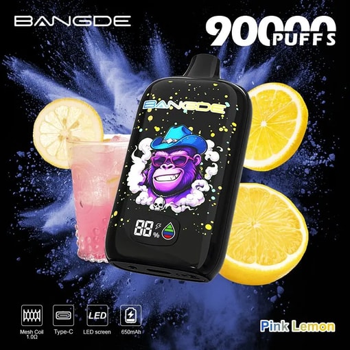 Black BAN GDE vape device with cartoon punk gorilla, “9000 PUFFS” text, surrounded by lemons and pink drink