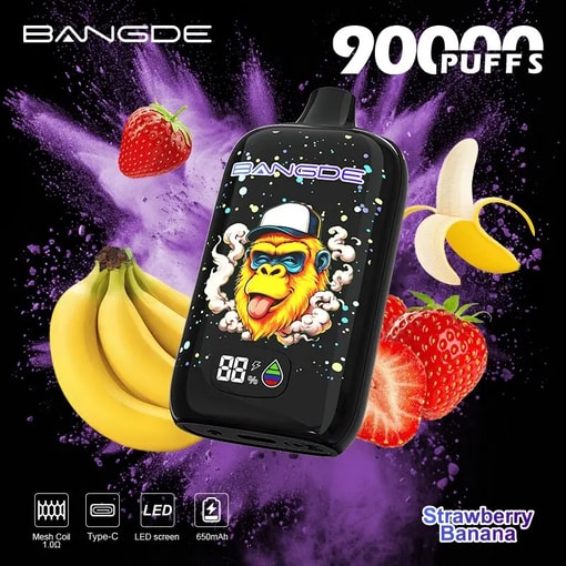 Gaming vape device with “BANGDE” branding, banana and strawberry fruit graphics, and “90 Puffs” text on purple splash background