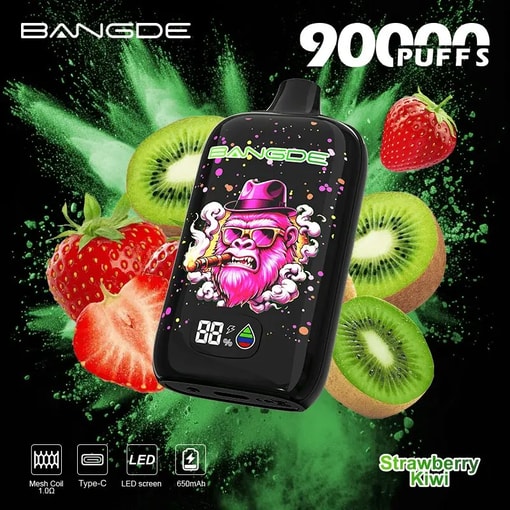 Black Vape device with colorful skull graphic, surrounded by strawberry and kiwi on a green splatter background, with text