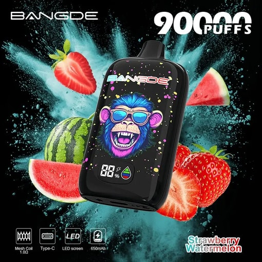 Black vape device with colorful cartoon face, “9000 PUFFS,” and fruit burst background of strawberries and watermelon