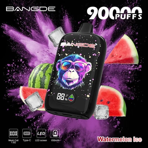 Black handheld BANDE 900 mAh vaping device with LED screen, purple splash background and “Watermelon Ice” text