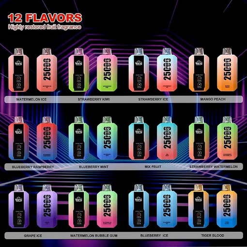 Row of colorful disposable vape juice boxes labeled 12 flavors with flavor names like watermelon ice, strawberry kiwi, and mango peach