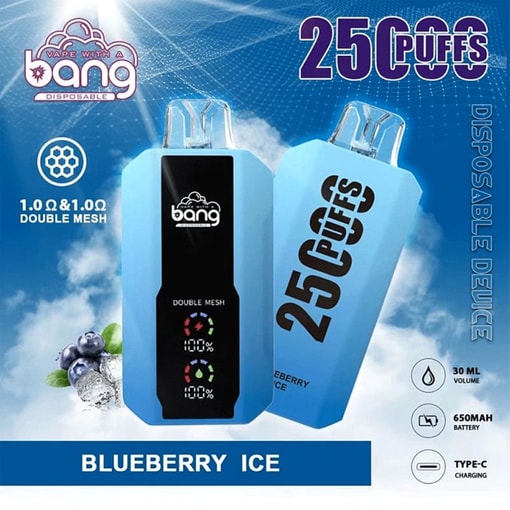 Two disposable vape devices in blue “Bang” branding with “25 Puffs” and “Blueberry Ice” flavor text