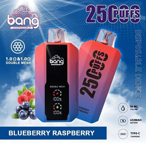 Bang disposable vape kit with dual mesh, “250 puffs,” and blueberry raspberry flavors on blue background
