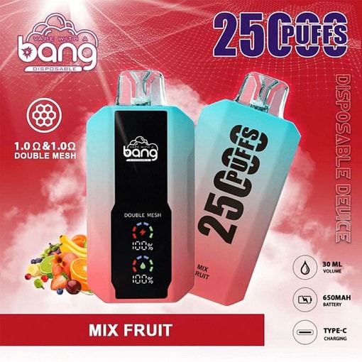 Vape disposable ad showing 25 puffs, “Mix Fruit,” double mesh 1.0Ω & 1.0Ω, and Type-C charging specs