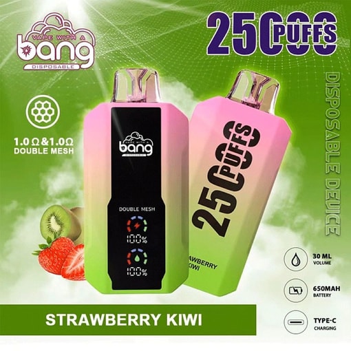 Two pink vape disposable devices with “25 puffs” text and “Strawberry Kiwi” flavor on a green background