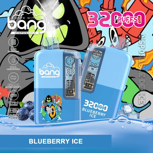 Blue vape disposable device labeled 32Puffs Blueberry Ice with “Vape with 69” branding and blueberry ice graphics
