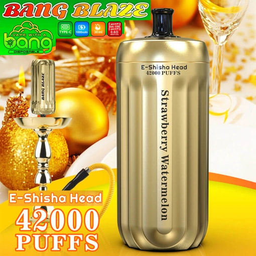 Gold E-Shisha vape device with “42000 Puffs” text on a colorful Bang Blaze promotional background