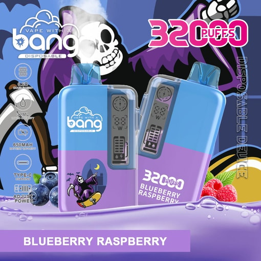 Vape disposable device packaging showing 32 puffs, blue-label flavor “Blueberry Raspberry,” with skull graphic background