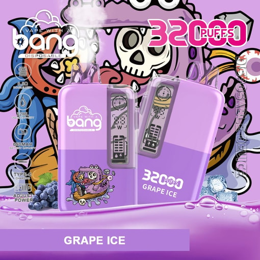 Purple disposable vape device advertising “32 PUFFS” and “GRAPE ICE” flavor with grape illustration background