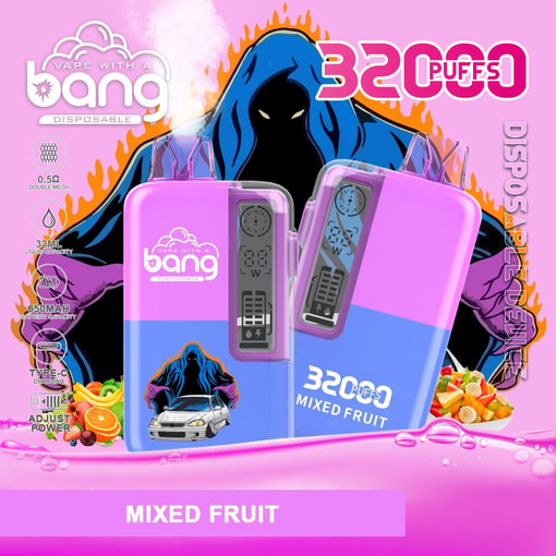 Vape disposable device ad showing 32 puffs mixed fruit flavor with purple and blue pods and flame graphic background