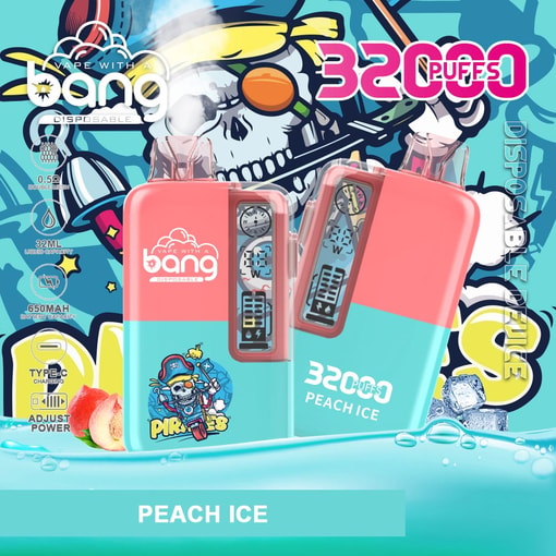 Dual vape device packaging with “32 Puffs” and “Peach Ice” flavor text, cartoon graphics and ice splash background