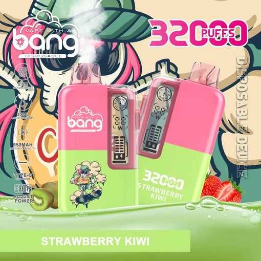 Pair of pink and green disposable vape devices labeled 32 Puffs Strawberry Kiwi on a tropical fruit background