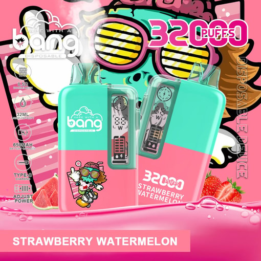 Colorful vape disposable ad showing two mint-and-pink devices labeled 32 Puffs and Strawberry Watermelon