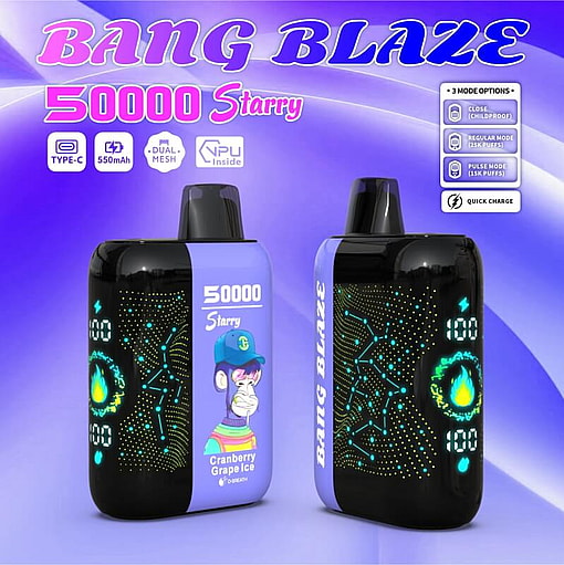 Two black and purple Bang Blaze 50000 Starry disposable vape devices with illuminated blue digital displays and a cartoon monkey wearing a blue cap, set against a blue and purple background with product features text above.