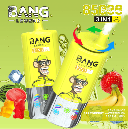 Two yellow Bang Legend 3-in-1 disposable vape devices with banana ice flavor, showing a cartoon monkey wearing sunglasses and a yellow cap, surrounded by ice cubes, watermelon slices, gummy bears, a strawberry, and bananas, against a green background with text highlighting 8500 puffs and triple airflow.