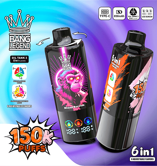 Deux appareils de vape Bang Legend noirs avec un visage de singe brillant et un écran LED coloré affichant 150 000 bouffées ; .