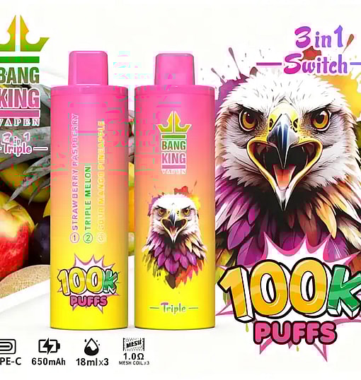 Two pink-to-yellow gradient vape bottles with Bang King branding, an eagle illustration, and a large 100K Puffs graphic.