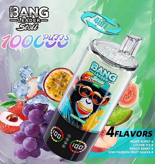 Colorful Bang Leader vape device with a clear bottle, surrounding fruit imagery, two digital dials at the base, and 4 flavors.