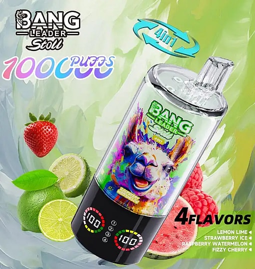 BANG Leader energy bottle with a colorful llama graphic, surrounded by lemons, limes, strawberries and watermelon; 4 flavors.
