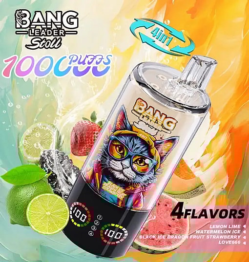 Bright Bang energy ad with a clear bottle amid fruit splashes and the 4 flavors label, lemon lime and watermelon ice.