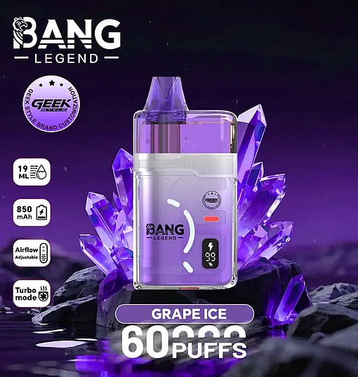 Grape Ice Bang Legend vape with a purple translucent pod and crystal backdrop, 19 ml juice, 850 mAh battery, 60 puffs.