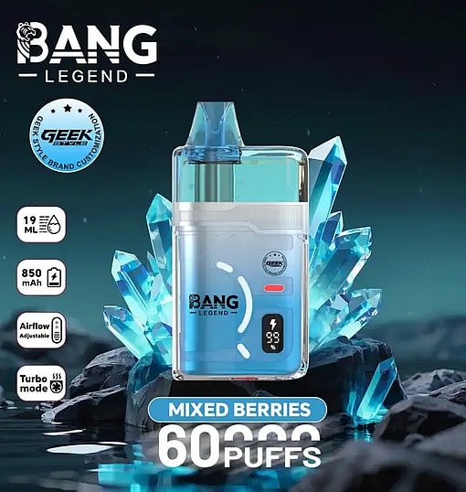Bang Legend blue vape pod with digital display, crystal background; Mixed Berries, 60 puffs, 850 mAh, adjustable airflow.