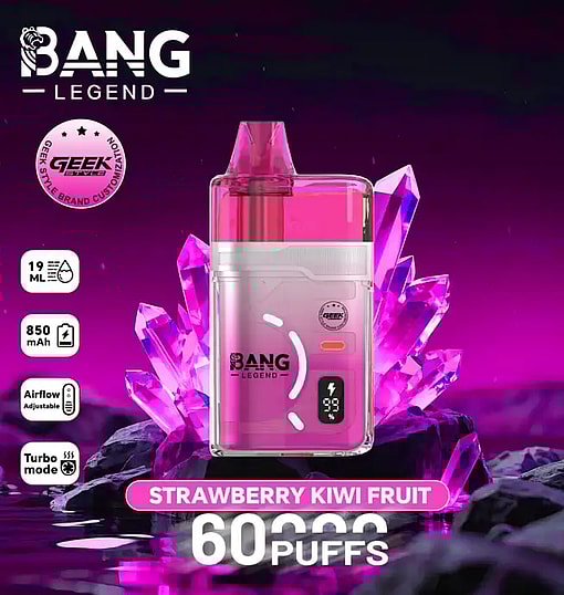 Bang Legend strawberry kiwi disposable vape with pink liquid, pink crystal backdrop, and 60,000 puffs.