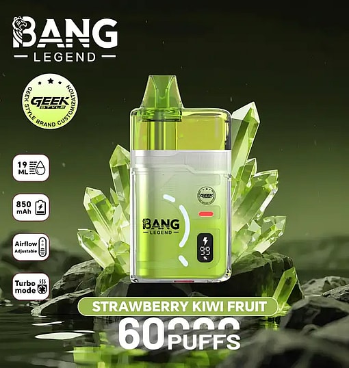 Bright lime-green Bang Legend disposable vape with Strawberry Kiwi Fruit flavor, set against crystal graphics and a prominent 60 puffs label.